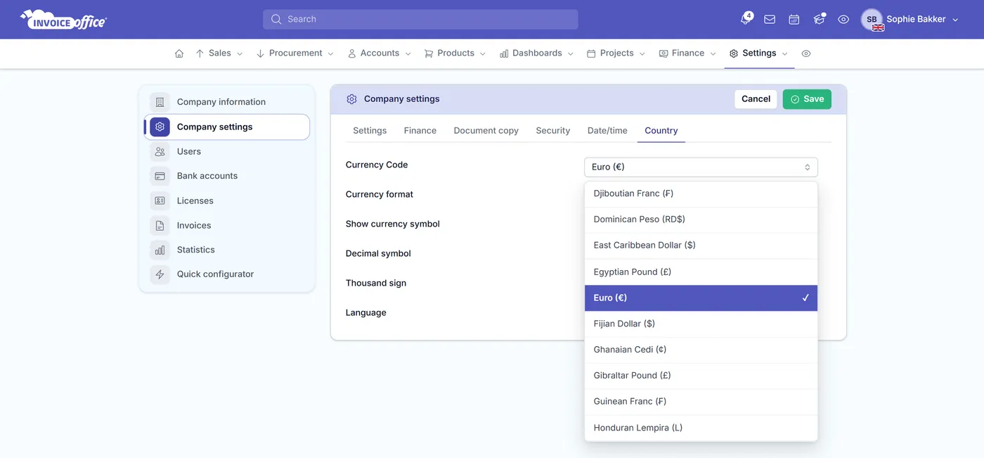 Invoice Office company settings on the Country tab, showing Currency Code set to Euro with the alphabetical currency list open around it, beside the currency format, currency symbol, decimal symbol, thousand sign and language settings