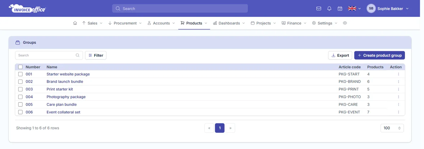 The Invoice Office product groups list showing each group’s number, name, article code and how many products it contains