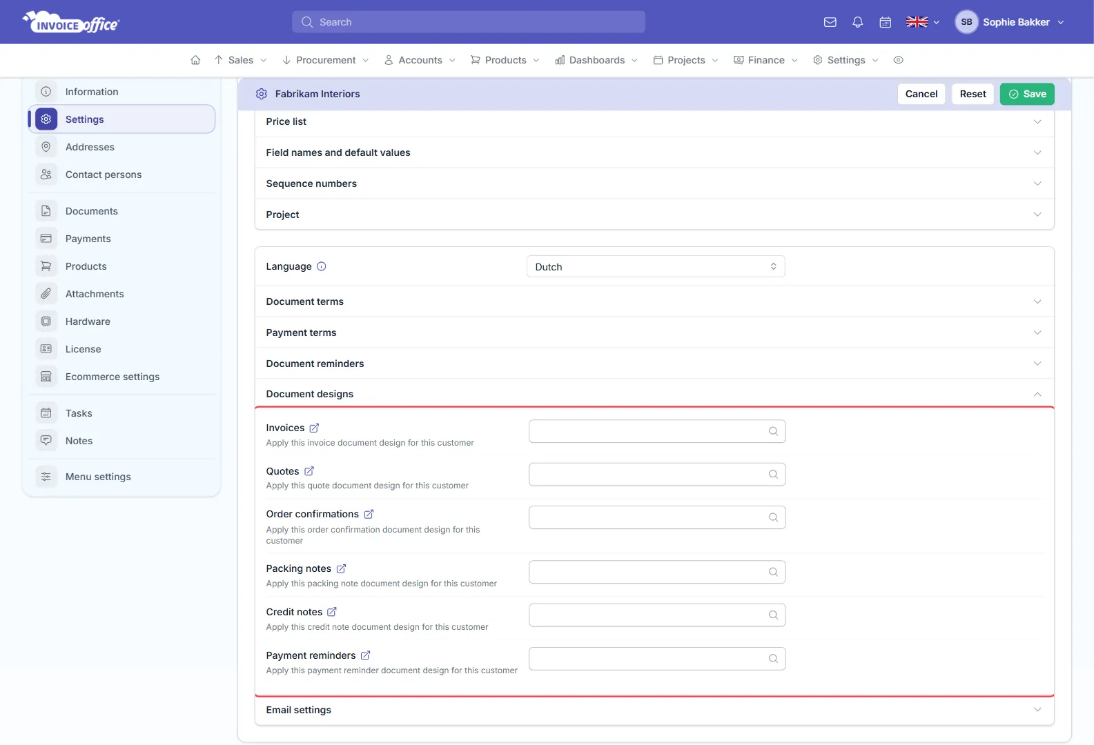 The Document designs section of a customer's settings page in Invoice Office, outlined in red, with a design selector for Invoices, Quotes, Order confirmations, Packing notes, Credit notes and Payment reminders