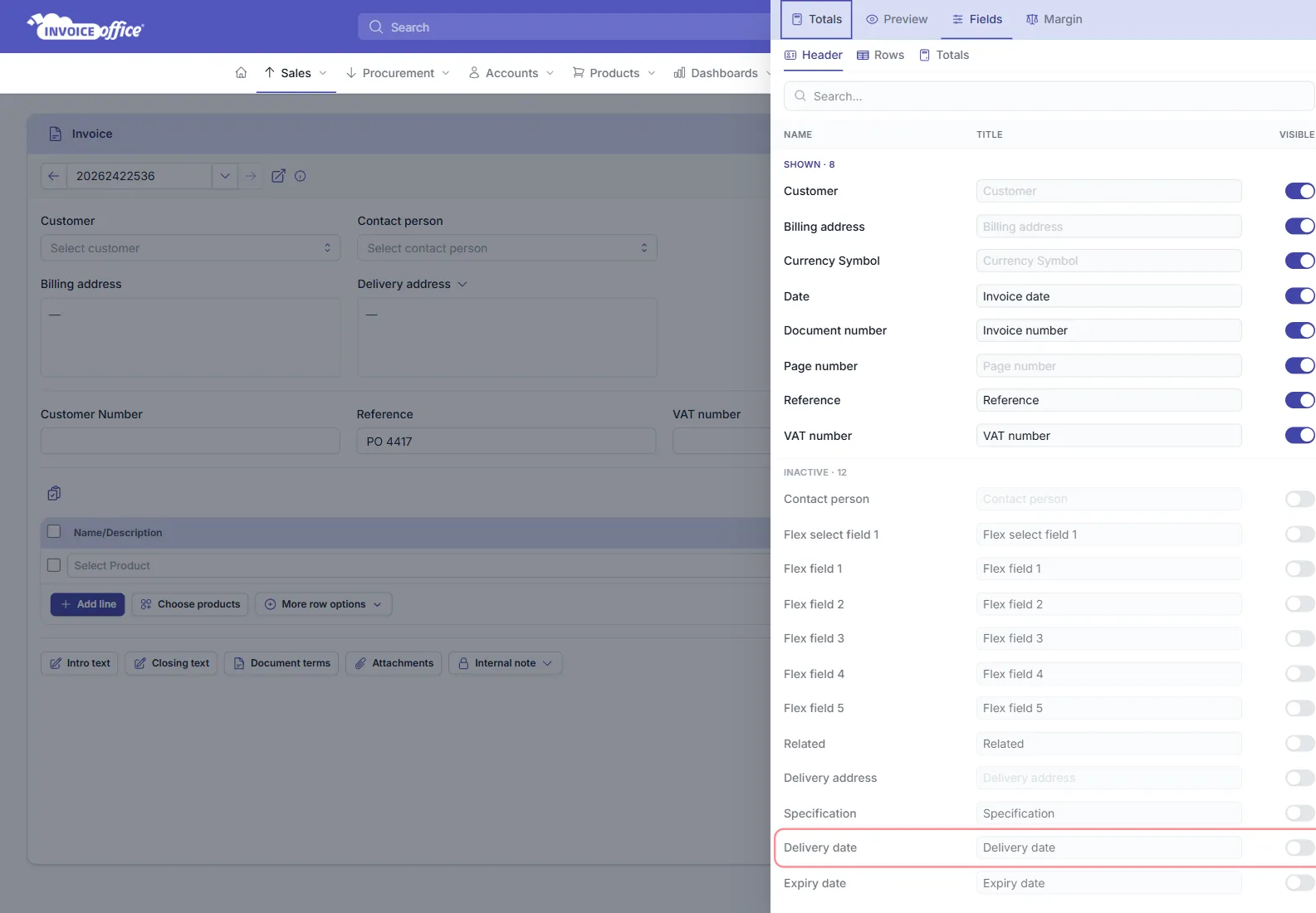 The Display Columns panel of an Invoice Office invoice on the Header sub-tab, showing SHOWN · 8 fields including Customer, Billing address and Invoice date above INACTIVE · 12 more — the Delivery date row and its Visible toggle are outlined in red