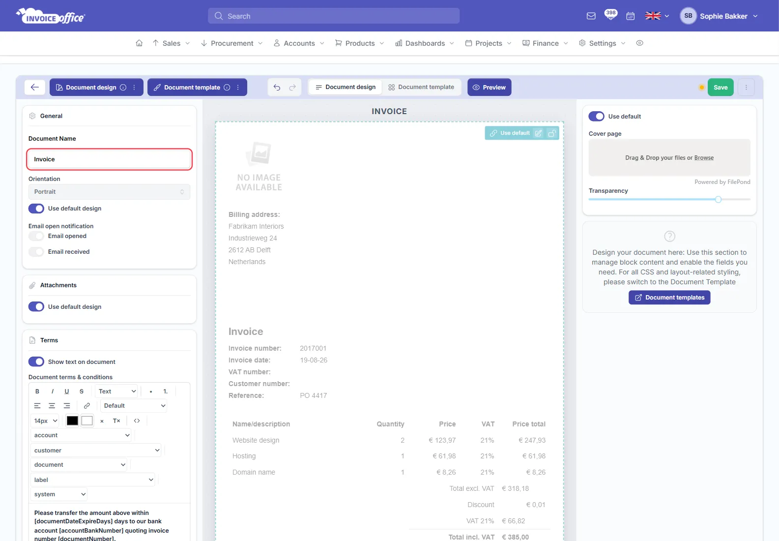 The Invoice Office document design editor with the General panel open on the left and the Document Name field, holding the value Invoice, outlined in red — beside a live preview of the invoice