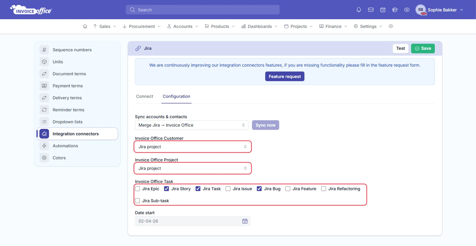 The Configuration tab of the Jira connector in Invoice Office, with Invoice Office Customer and Invoice Office Project both set to Jira project and Jira Story, Jira Task and Jira Bug ticked under Invoice Office Task; the two selects and the task checkboxes are outlined in red