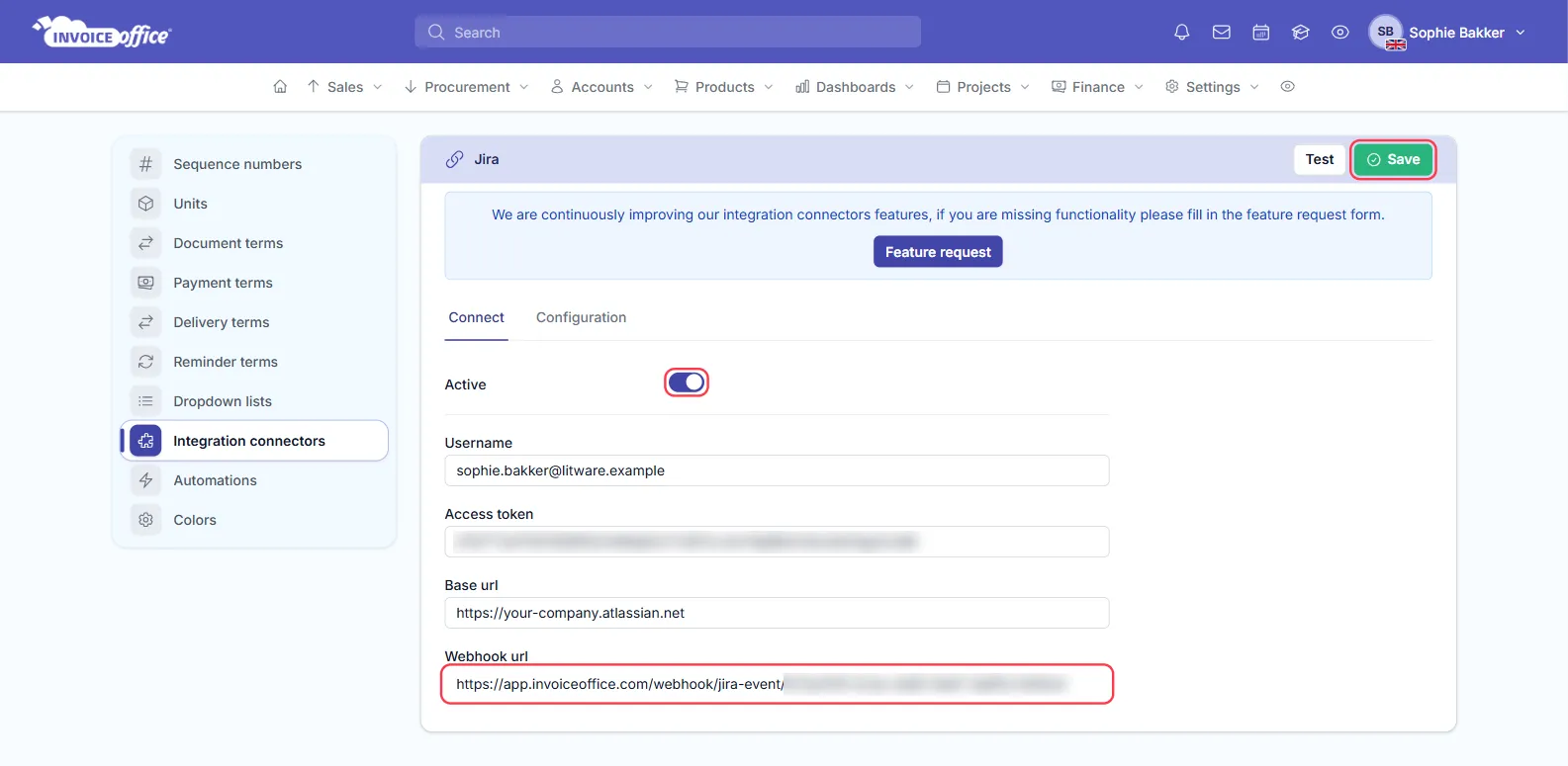 The Jira connector settings in Invoice Office, Connect tab, with Active switched on and the Username, Access token, Base url and read-only Webhook url fields filled in; the Active switch, the Webhook url and the Save button are outlined in red
