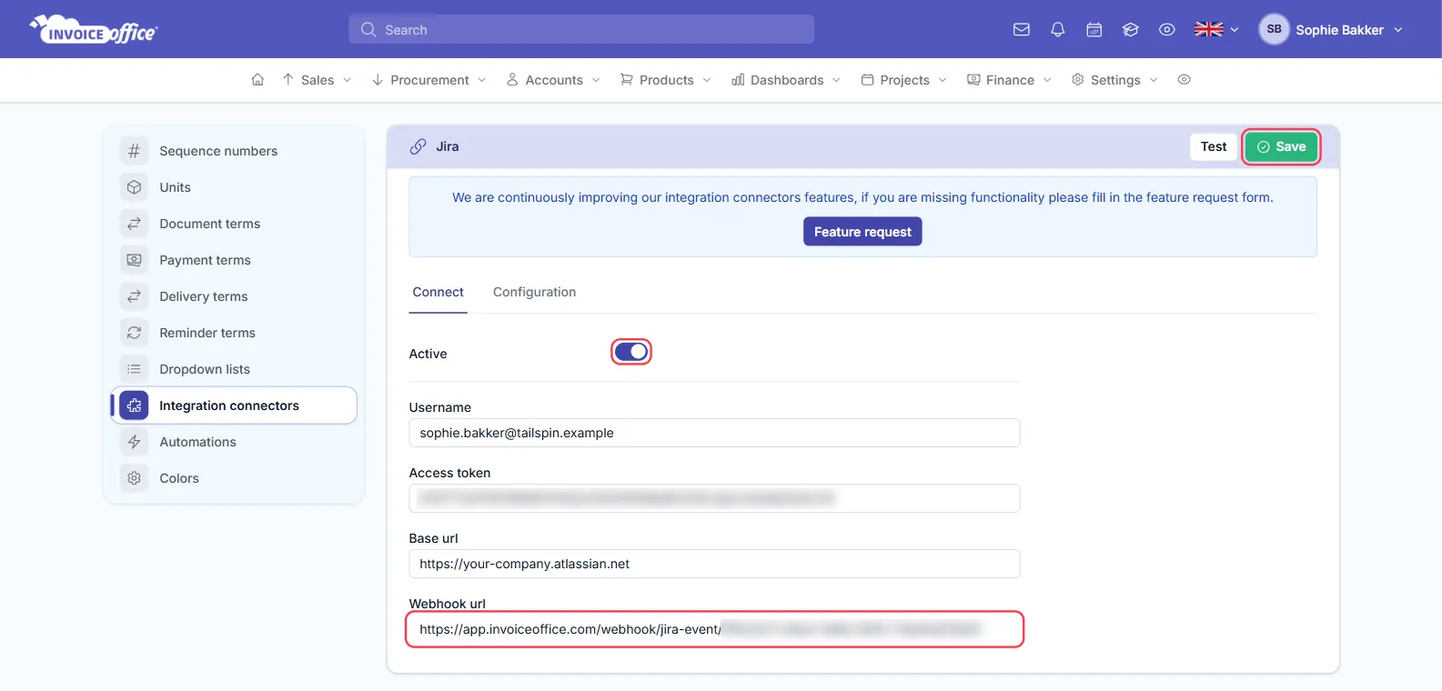 The Jira connector settings in Invoice Office, Connect tab, with Active switched on and the Username, Access token, Base url and read-only Webhook url fields filled in; the Active switch, the Webhook url and the Save button are outlined in red