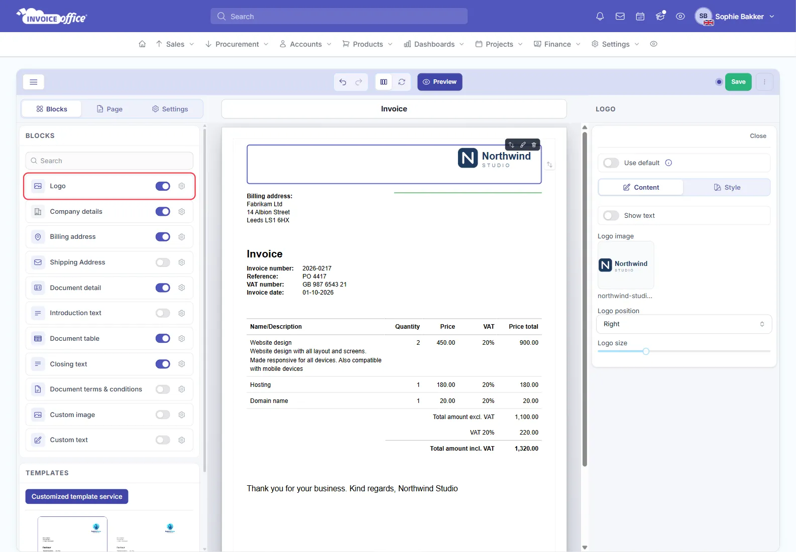 The Blocks tab of the Invoice Office document design editor with the Logo row outlined in red, its switch on, at the top of the list of blocks